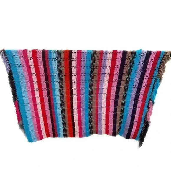 Handmade Crocheted Afghan Throw Blanket 83"x62" Bright Vivid Colors - Picture 1 of 11